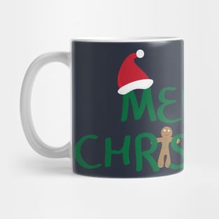 Merry Christmas logo with santa hat, Yellow star, gingerbread cookie and red ribbon on white background Mug